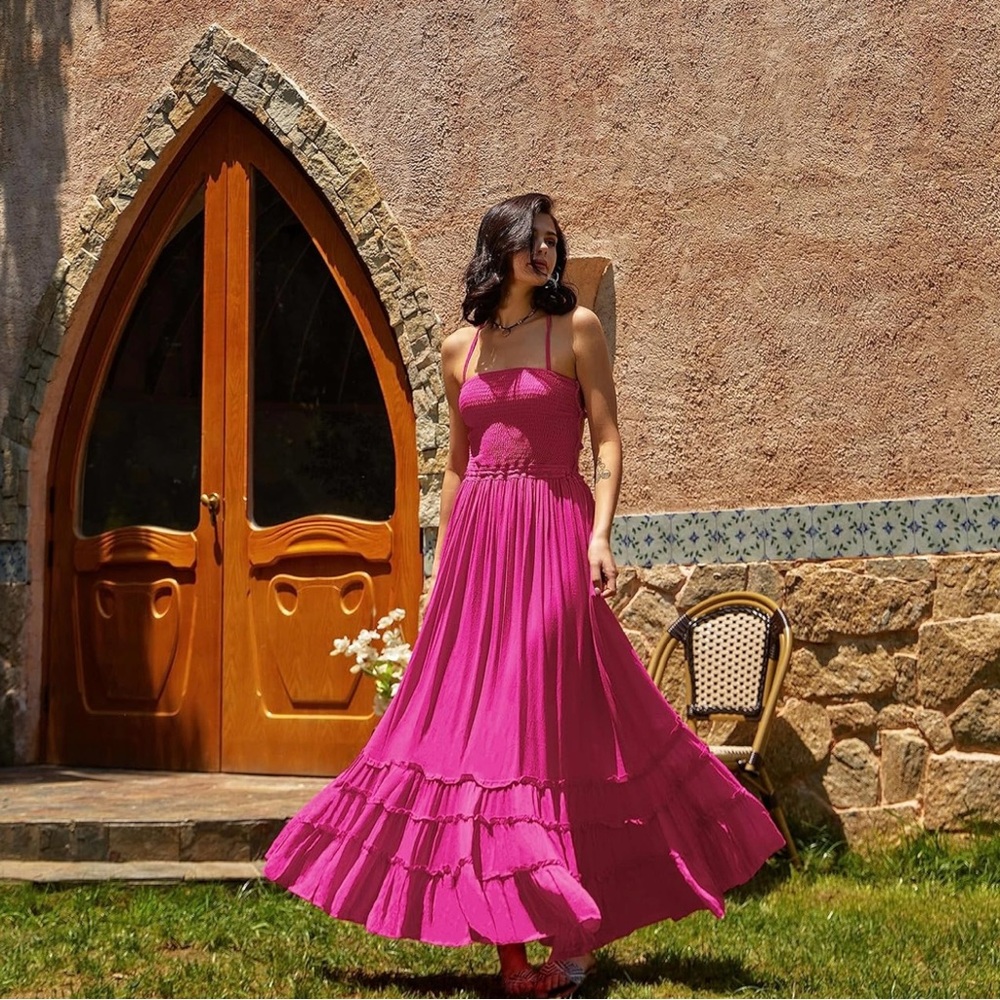 Pink Halter Maxi Dress – Smocked Bodice, Open Back, Flowy Boho Style
